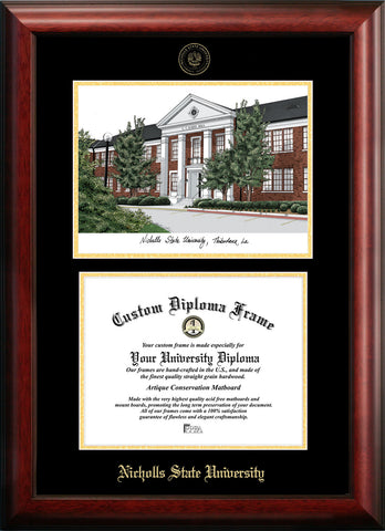 Nicholls State University 11w x 8.5h Gold Embossed Diploma Frame with Campus Images Lithograph