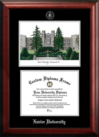 Xavier University 11w x 8.5h Silver Embossed Diploma Frame with Campus Images Lithograph