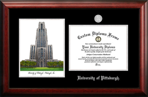 University of Pittsburgh 11w x 8.5h Silver Embossed Diploma Frame with Campus Images Lithograph