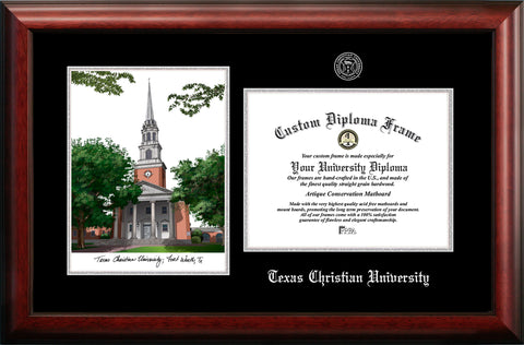 Texas Christian University 11w x 8.5h Silver Embossed Diploma Frame with Campus Images Lithograph