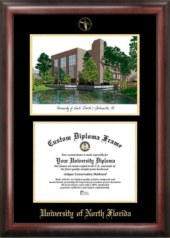 University of North Florida 11w x 8.5h Gold Embossed Diploma Frame with Campus Images Lithograph