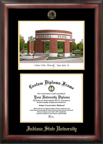 Indiana State  11w x 8.5h Gold Embossed Diploma Frame with Campus Images Lithograph