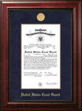 Coast Guard Certificate Executive Frame with Gold Medallion with Mahogany Filet