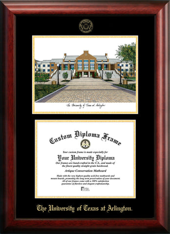 University of Texas, Arlington 14w x 11h Gold Embossed Diploma Frame with Campus Images Lithograph