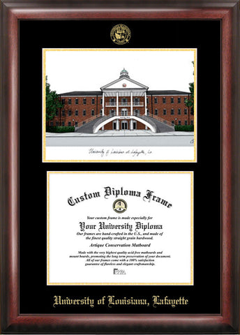 University of Louisiana-Lafayette 11w x 8.5h Gold Embossed Diploma frame with Campus Image