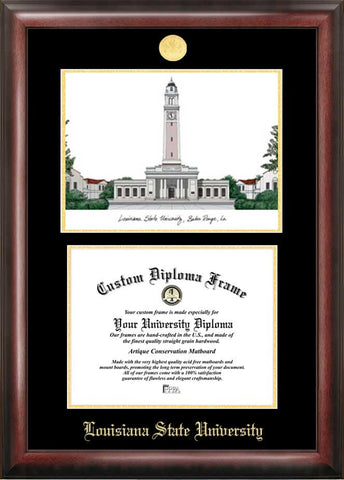 Louisiana State University 11w x 8.5h Gold Embossed Diploma Frame with Campus Images Lithograph