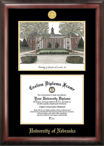 University of Nebraska 11w x 8.5h Gold Embossed Diploma Frame with Campus Images Lithograph