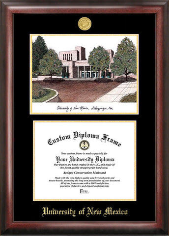 University of New Mexico 11w x 8.5h Gold Embossed Diploma Frame with Campus Images Lithograph