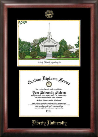 Liberty University 11w x 8.5h Gold Embossed Diploma Frame with Campus Images Lithograph