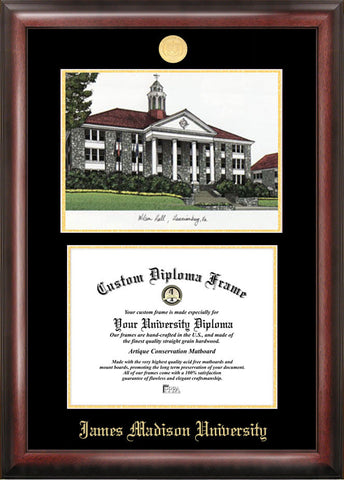 James Madison University 16w x 12h Gold Embossed Diploma Frame with Campus Image