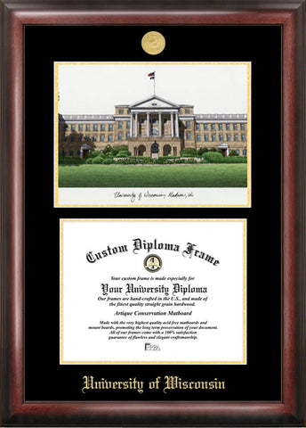 University of Wisconsin - Madison Gold Embossed Diploma Frame with Campus Images Lithograph
