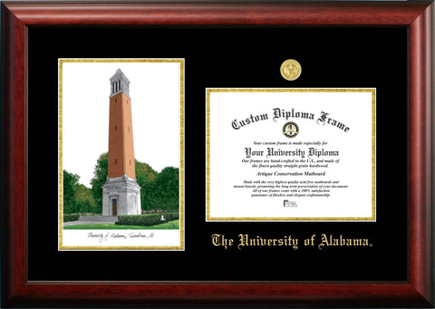 University of Alabama,Tuscaloosa 11w x 8.5h Gold Embossed Diploma Frame with Campus Images Lithograph