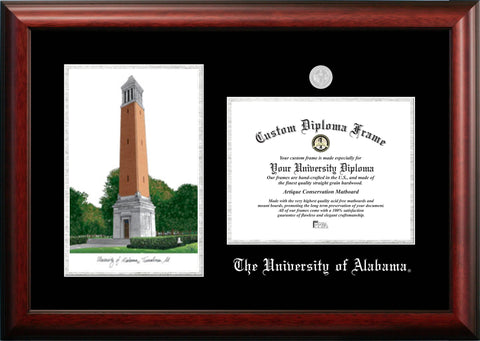 University of Alabama, Tuscaloosa 11w x 8.5h Silver Embossed Diploma Frame with Campus Images Lithograph