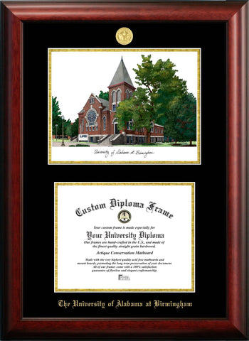 University of Alabama, Birmingham 11w x 8.5h Gold Embossed Diploma Frame with Campus Images Lithograph