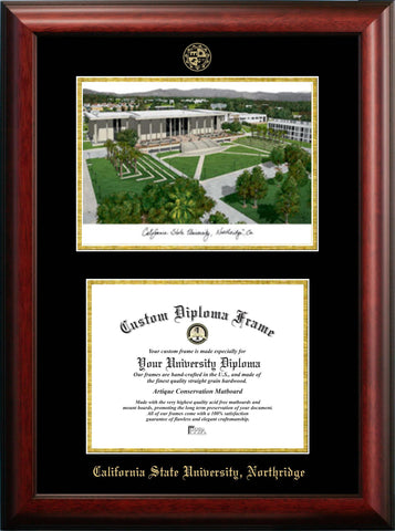 California State University, Northridge 11w x 8.5h Gold Embossed Diploma Frame with Campus Images Lithograph