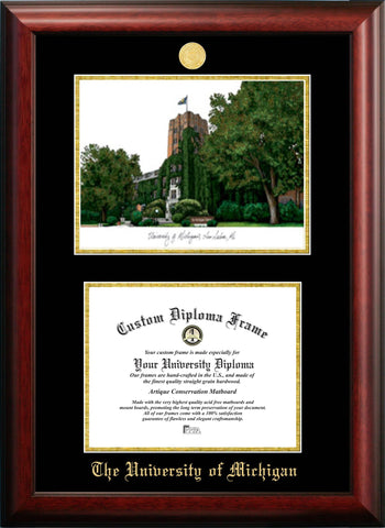 University of Michigan 11w x 8.5h Gold Embossed Diploma Frame with Campus Images Lithograph