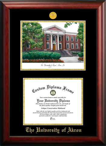 University of Akron 11w x 8.5h Gold Embossed Diploma Frame with Campus Images Lithograph