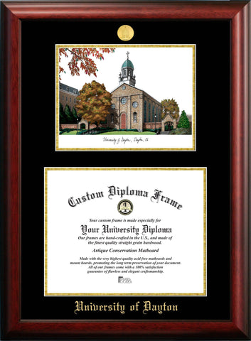 University of Dayton Gold Embossed Diploma Frame with Campus Images Lithograph