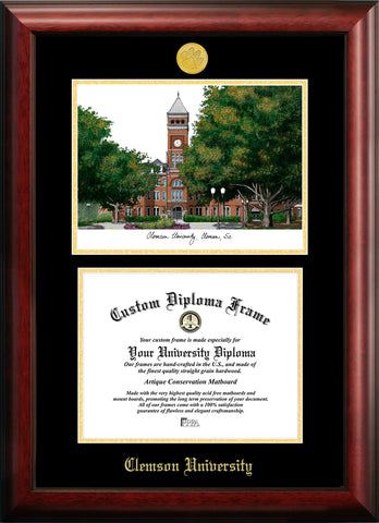 Clemson University 11w x 8.5h Gold Embossed Diploma Frame with Campus Images Lithograph