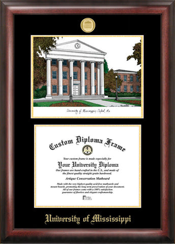 University of Mississippi  12w x 9h Gold Embossed Diploma Frame with Campus Images Lithograph