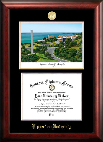 Pepperdine University 11w x 8.5h Gold Embossed Diploma Frame with Campus Images Lithograph