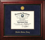 Navy 8.5x11 Discharge Executive Frame with Gold Medallion and Mahogany Filet