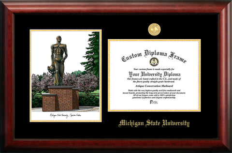 Michigan State University, Spartan, 11w x 8.5h Gold Embossed Diploma Frame with Campus Images Lithograph
