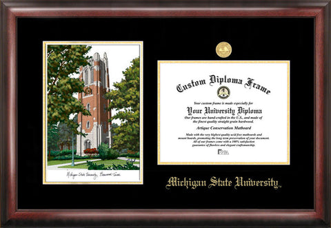 Michigan State University, Beaumont Tower, 11w x 8.5h Gold Embossed Diploma Frame with Campus Images Lithograph