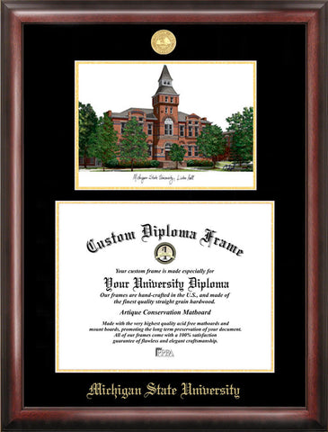 Michigan State University, Linton Hall, 11w x 8.5h Gold embossed diploma frame with Campus Images lithograph
