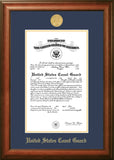Coast Guard Certificate Walnut Frame Gold  Medallion
