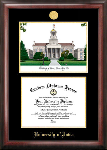 University of Iowa 11w x 8.5h Gold Embossed Diploma Frame with Campus Images Lithograph