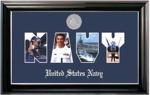 Navy Collage Photo Classic Black Frame with Silver Medallion