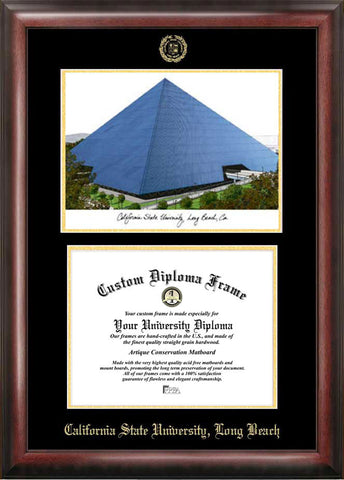 Cal State Long Beach 11w x 8.5h Gold Embossed Diploma Frame with Campus Images Lithograph