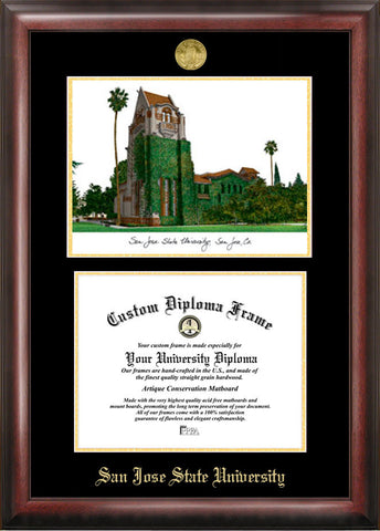 San Jose State University 11w x 8.5h Gold Embossed Diploma Frame with Campus Images Lithograph