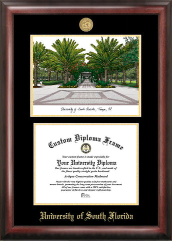 University of South Florida 11w x 8.5h Gold Embossed Diploma Frame with Campus Images Lithograph
