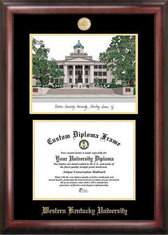 Western Kentucky University 11w x 8.5h Gold Embossed Diploma Frame with Campus Images Lithograph
