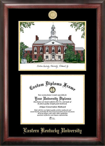 Eastern Kentucky University 11w x 8.5h Gold Embossed Diploma Frame with Campus Images Lithograph