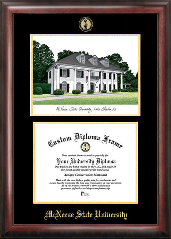 McNeese State University 11w x 8.5h Gold Embossed Diploma Frame with Campus Images Lithograph