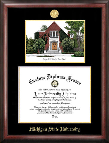 Michigan State University, Alumni Chapel, Gold Embossed Diploma Frame with Campus Images Lithograph