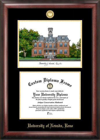 University of Nevada , Reno 11w x 8.5h Gold Embossed Diploma Frame with Campus Images Lithograph