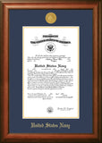 Navy Certificate Walnut Frame Gold  Medallion