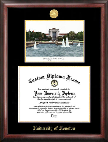 University of Houston 14w x 11h Gold Embossed Diploma Frame with Campus Images Lithograph
