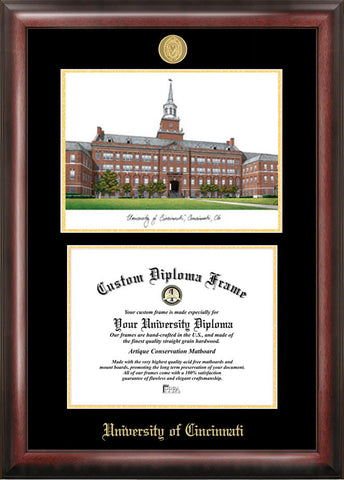 University of Cincinnati  11w x 8.5h Gold Embossed Diploma Frame with Campus Images Lithograph