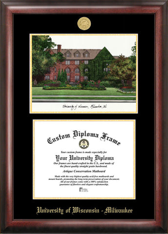 University of Wisconsin ,Milwaukee Gold Embossed Diploma Frame with Campus Images Lithograph